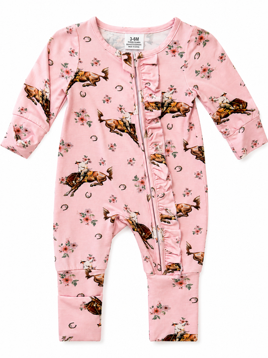 Zipper Romper, Pink Flower Horse Ruffle Zipper Romper  WB102IF (PACK OF 7)