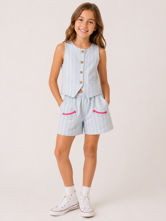 Set, Light Denim Stripe Vest Short Set WB112Y (PACK OF 7)