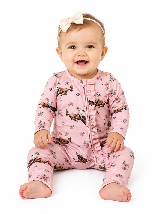 Zipper Romper, Pink Flower Horse Ruffle Zipper Romper  WB102IF (PACK OF 7)